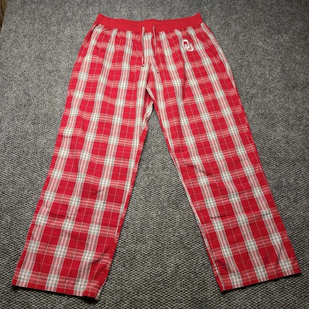 Oklahoma  Women's Pajama Pants Red Plaid Flannel Cotton Waist Size XL Rhinestone